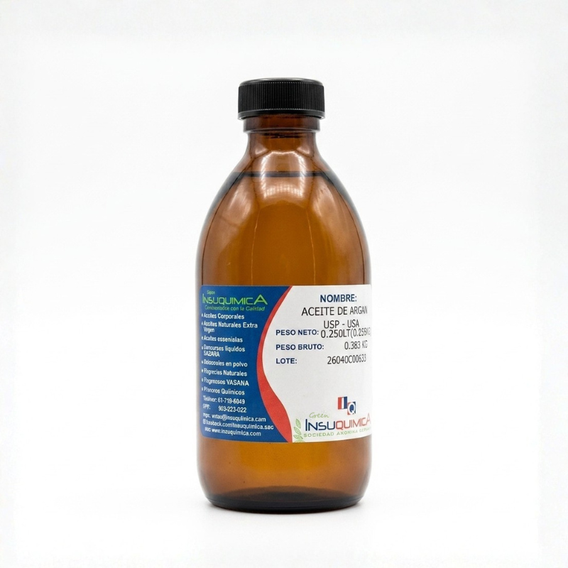ACEITE DE ARGAN USP – USA – Frasco x 0.250 Lt. Frasco de vidrio ámbar de 0.250 lt de aceite de argán en fondo blanco