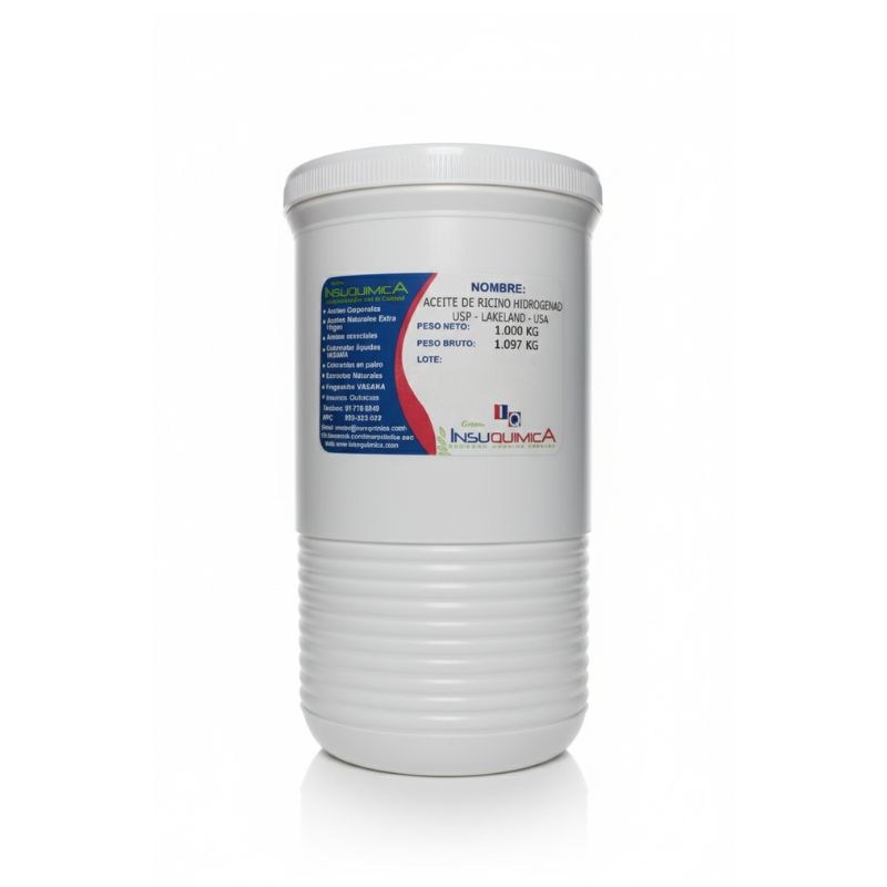 ACEITE DE RICINO HIDROGENADO_1KG envase de 1 kg del aceite de ricino hidrogenado en fondo blanco