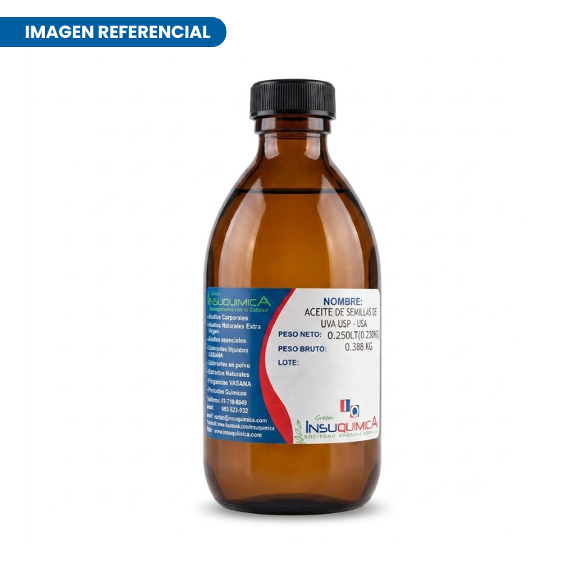 ACEITE DE SEMILLAS DE UVA USP – USA – Frasco x 0.250 Lt Aceite de Semillas de Uva USP USA en frasco de 250 ml, aceite vegetal ligero y antioxidante utilizado en cosmética para hidratar, suavizar y nutrir la piel, el cabello, labios y uñas.