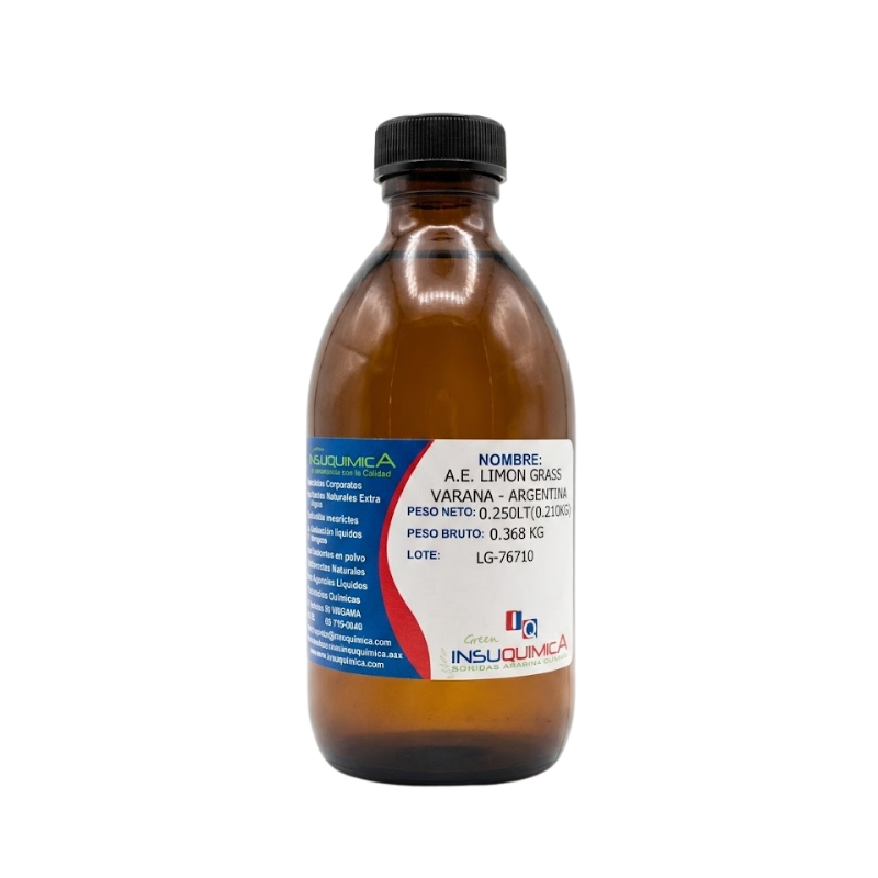ACEITE ESENCIAL LIMON GRASS – VASANA – ARGENTINA – Frasco x 0.250 Lt. El aceite esencial de hierba de limón tiene propiedades antisépticas, antibacterianas, desodorantes y estimulantes, y se utiliza en cosmética, aromaterapia y como repelente de insectos.