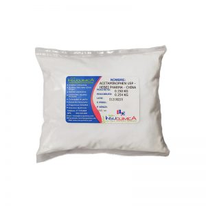 Bolsa de Acetaminophen USP - Hebei Pharma, en fondo blanco, destacando su uso como analgésico y antipirético.