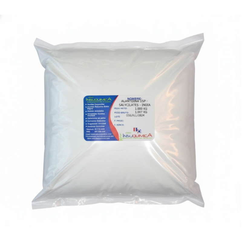 ALANTOINA USP 1 kg Bolsa de 1 kg de Alantoina grado USP en fondo blanco