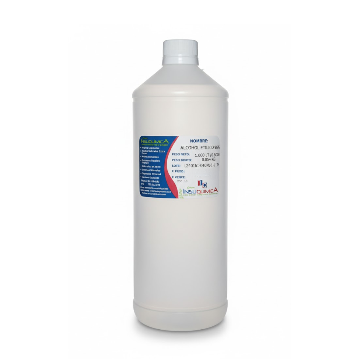 ALCOHOL ETÍLICO 96_ – Frasco x 1 Lt Alcohol etílico 96% en frasco de 1 litro, líquido transparente de uso como disolvente universal para aplicaciones en limpieza, cosmética e industria.