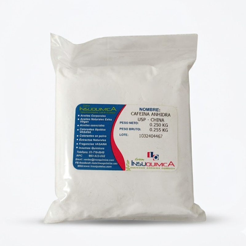 CAFEINA ANHIDRA USP – CHINA – Bolsa x 0.250 Kg. Bolsa de 0.250 kg de cafeína anhidra USP sobre fondo blanco.