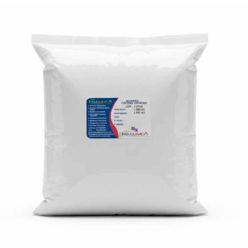 CAFEINA ANHIDRA USP – CHINA – Bolsa x 1 Kg. Bolsa de 1 kg de cafeína anhidra USP sobre fondo blanco.