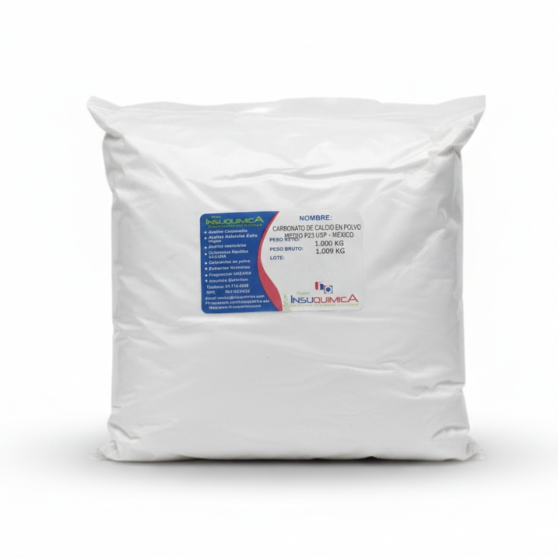 CARBONATO DE CALCIO EN POLVO MEDIO P23 USP - MÉXICO - Bolsa x 1 Kg Bolsa de 1 kg de carbonato de calcio en polvo medio p23 de 1 kg en fondo blanco