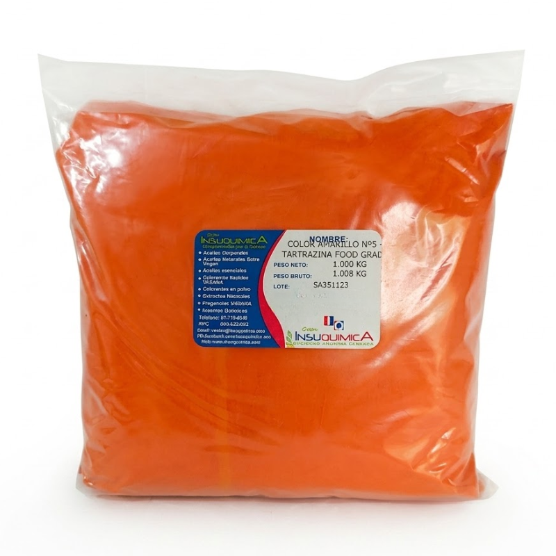 COLOR AMARILLO Nº 5 TARTRAZINA FOOD GRADE – Bolsa x 1 Kg. Colorante Amarillo Nº 5 Tartrazina en polvo soluble en agua, grado alimenticio, presentado en bolsa de 1 Kg. Ideal para dar un color amarillo intenso a alimentos como gaseosas y néctares, además de ser apto para productos cosméticos, de cuidado personal, limpieza e industrial.
