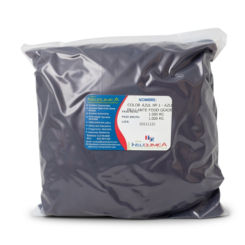 COLOR AZUL Nº 1 – AZUL BRILLANTE FOOD GRADE – Bolsa x 1 Kg. Color Azul Nº 1 Azul Brillante Food Grade en bolsa de 1 kg, colorante soluble en agua utilizado en alimentos, cosméticos, productos de limpieza y formulaciones industriales.