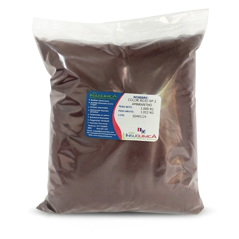 COLOR ROJO Nº 2 – AMARANTHO FOOD GRADE – Bolsa x 1 Kg. Color Rojo Nº 2 Amarantho Food Grade en bolsa de 1 kg, colorante rojo soluble en agua utilizado en alimentos, cosméticos, productos de limpieza y aplicaciones industriales.