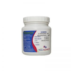 Pote de D-Panteno USP (Dexpantenol) de 0.250 Kg, utilizado como ingrediente activo en productos para mejorar la apariencia de la piel, cabello y uñas.