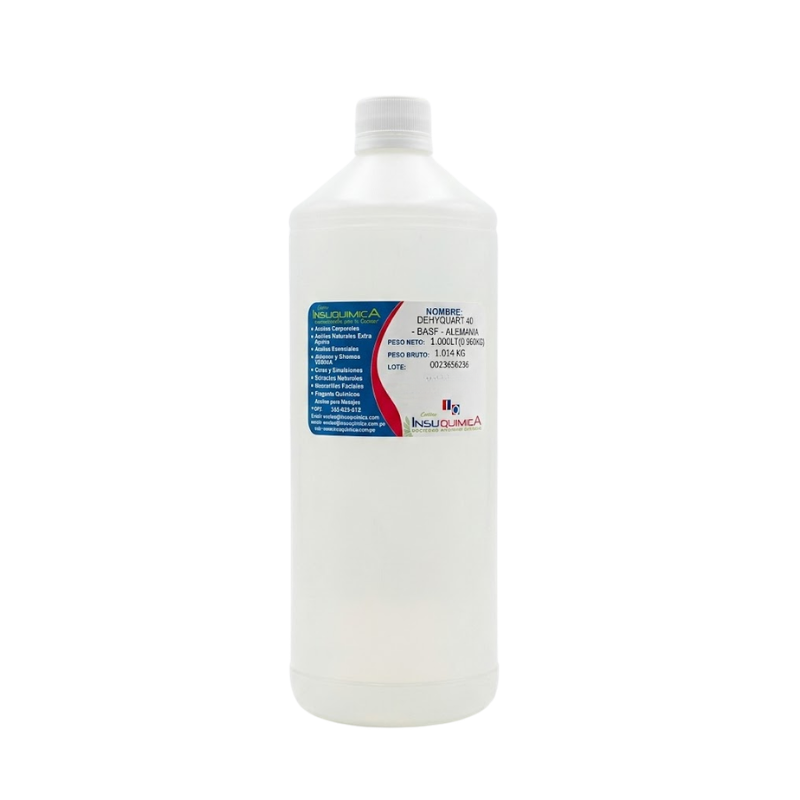 DEHYQUART 40 – BASF – ALEMANIA – Frasco x 1 Lt. Envase de Dehyquart 40 con etiqueta indicando su uso como base catiónica para emulsiones capilares, sobre fondo blanco. Destaca sus propiedades de acondicionamiento y compatibilidad.
