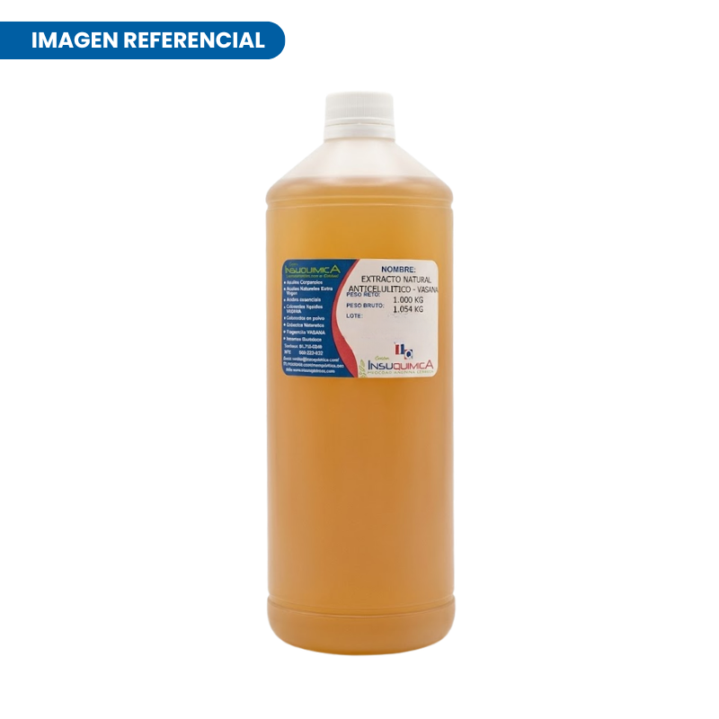 EXTRACTO NATURAL ANTICELULITICO – VASANA – ARGENTINA – Frasco x 1 Lt. Extracto natural anticelulítico Vasana Argentina en frasco de 1 litro, extracto hidroglicólico de fucus, ruscus, guaraná y naranja amarga, utilizado en formulaciones reafirmantes y tratamientos contra la celulitis.