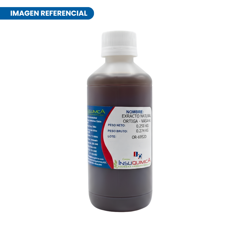 EXTRACTO NATURAL ORTIGA – VASANA – ARGENTINA – Frasco x 0.250 Lt. Extracto natural de ortiga, activo botánico utilizado en formulaciones cosméticas para fortalecer el cabello, controlar la oleosidad y revitalizar la piel y el cuero cabelludo.