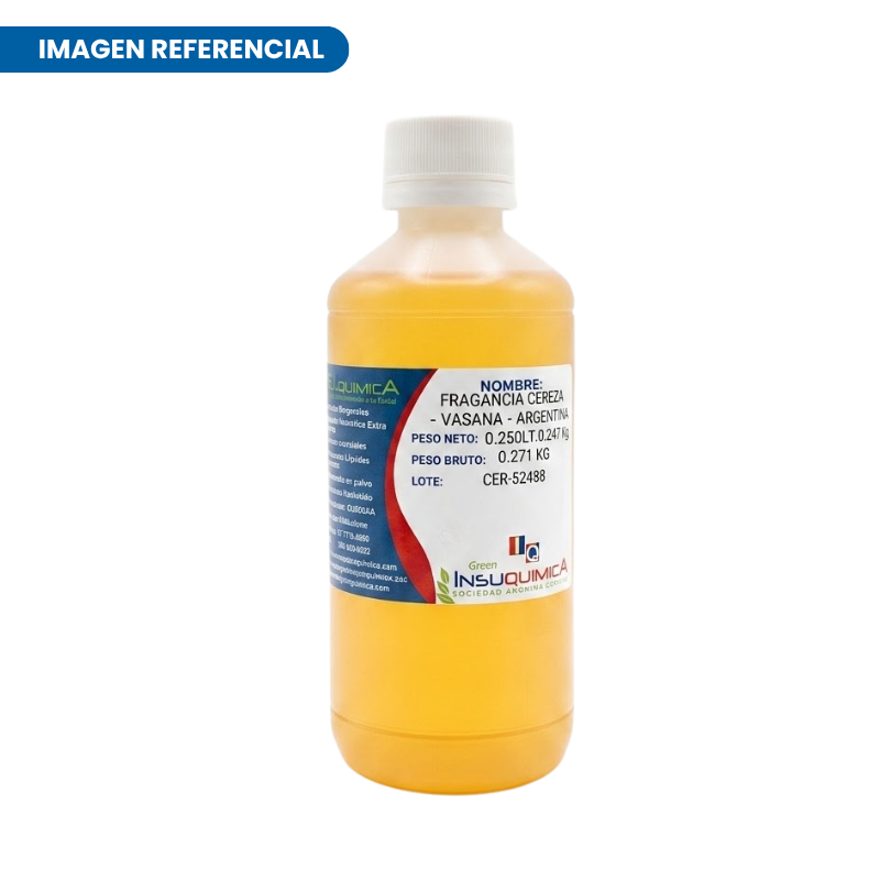 FRAGANCIA CEREZA – VASANA – ARGENTINA – Frasco x 0.250 Lt. Fragancia Cereza Vasana Argentina soluble en agua, con agradable aroma frutal, ideal para la elaboración de jabones líquidos, detergentes, perfumadores y otras formulaciones.