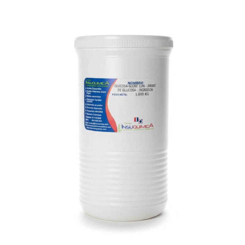 GLUCOSA GLOBE 1146–INGREDION_1 KG Pote de 1 kg de glucosa globe 1146, jarabe de glucosa de la marca ingredion en fondo blanco