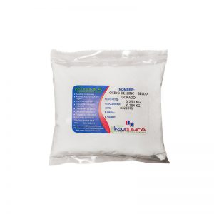 Bolsa de 0.250 kg de Óxido de Zinc Sello Dorado sobre fondo blanco.