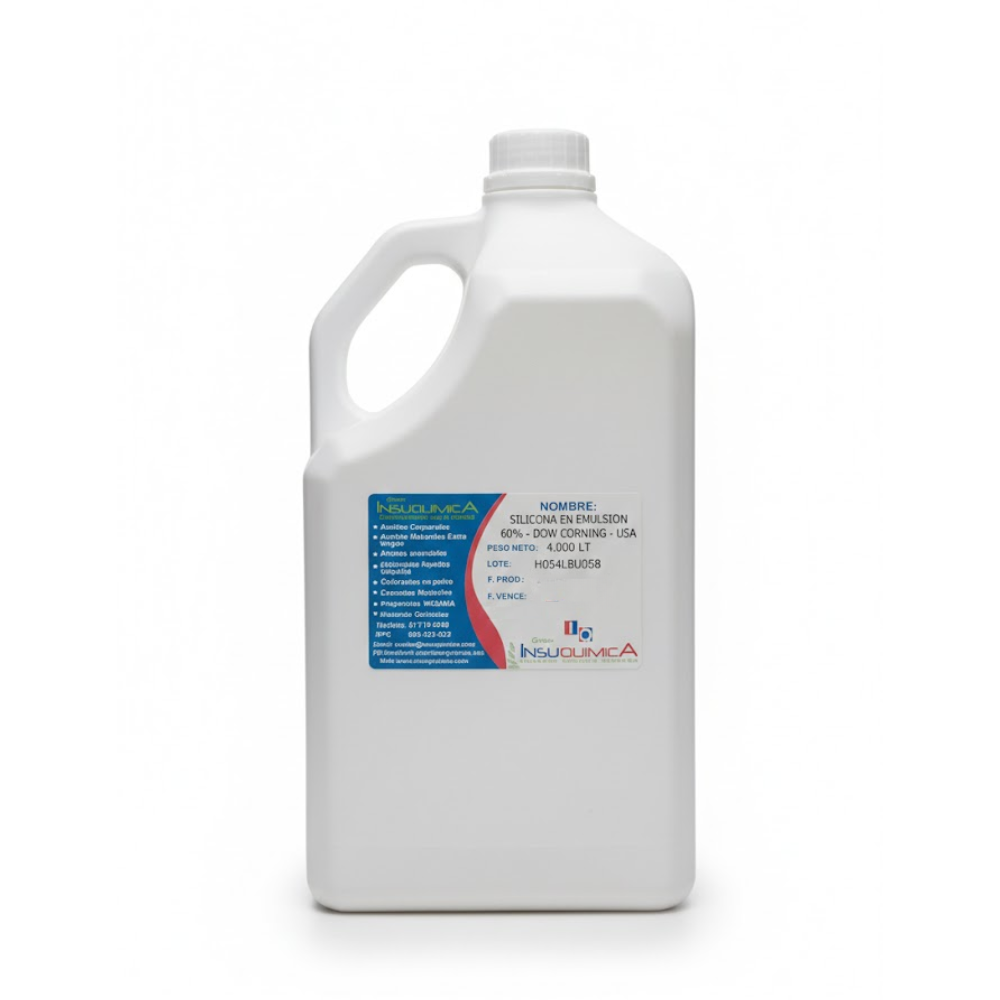 SILICONA EN EMULSIÓN 60_ – DOW CORNING – USA – Galón x 4 Kg. Silicona en emulsión 60% Dow Corning USA en galón de 4 kg, insumo para la industria de limpieza utilizado en productos para cuidado de autos, muebles y superficies de cuero.