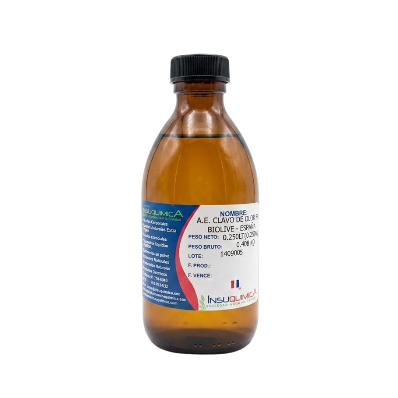 ACEITE ESENCIAL CLAVO DE OLOR FG – BIOLIVE – ESPAÑA – Frasco x 0.250 Lt. Aceite Esencial Clavo de Olor Food Grade (FG), aceite esencial obtenido del clavo de olor, utilizado como ingrediente en aplicaciones alimentarias, cosméticas y formulaciones de cuidado personal.