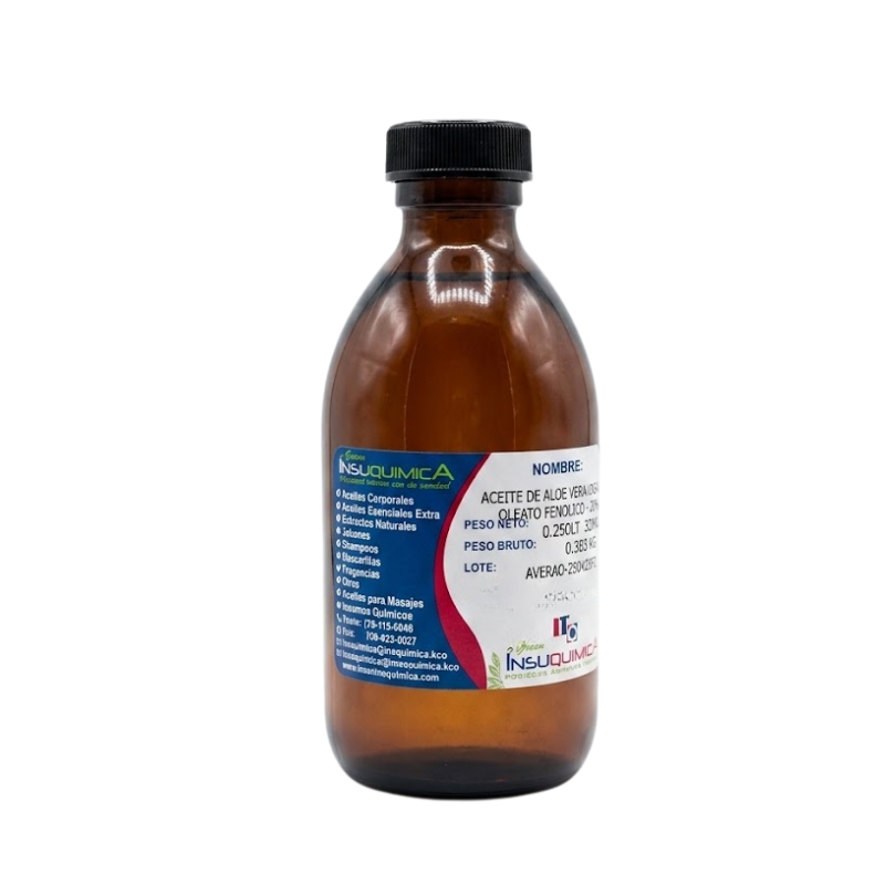 ACEITE DE ALOE VERA USP – OLEATO FITOTEC – BRASIL- Frasco x 0.250 Lt. Envase de vidrio ámbar de 0.250 lt del aceite de aloe vera usp en fondo blanco