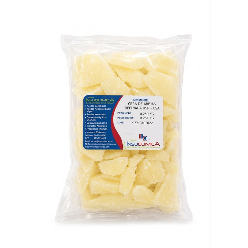 CERA DE ABEJAS REFINADA USP – USA – Bolsa x 0.250 Kg Cera de abejas refinada USP USA en bolsa de 0.250 kg, cera natural utilizada como espesante, emoliente y agente estructurante en formulaciones cosméticas y productos de cuidado personal.