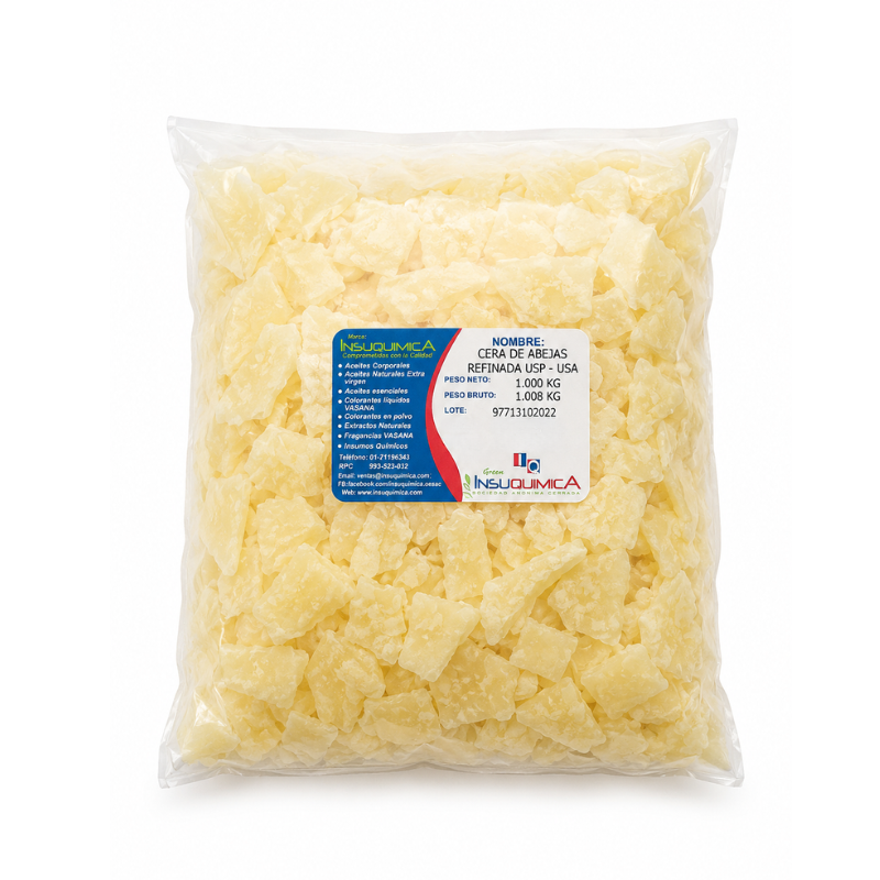 CERA DE ABEJAS REFINADA USP – USA – Bolsa x 1 Kg Cera de abejas refinada USP USA en bolsa de 1 kg, cera natural utilizada como espesante, emoliente y agente estructurante en formulaciones cosméticas y productos de cuidado personal.