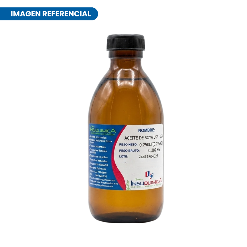 ACEITE DE SOYA USP – USA – Frasco x 0.250 Lt. Aceite de soya USP, obtenido de semillas de soya, rico en proteínas, vitaminas (A, B6, B12, K), calcio, magnesio, y potasio. Antioxidante, hidratante, reafirmante, estimula la regeneración celular y síntesis de colágeno.
