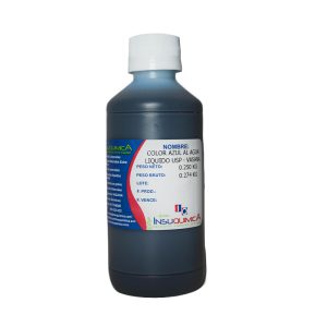 Frasco de colorante color azul al agua líquido USP de 0.250 KG en fondo blanco