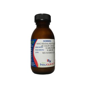 Botella de vidrio ámbar de 0.100 kg de nanosomado Nano Revival, revitalizante de color capilar de la marca nanovetores en fondo blanco