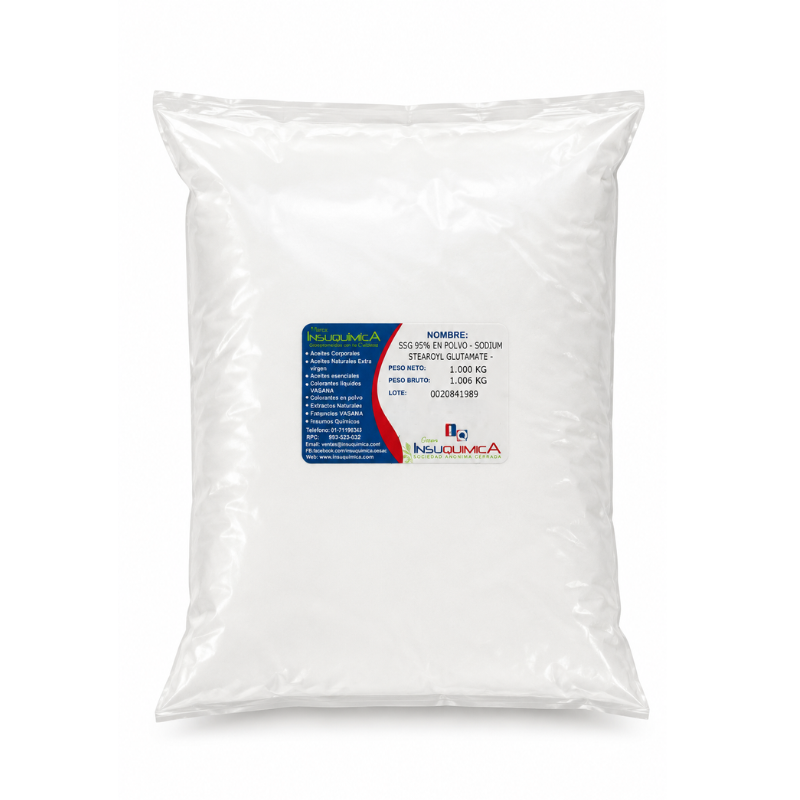 SSG 95_ EN POLVO – SODIUM STEAROYL GLUTAMATE – EUMULGIN SG – BASF – ALEMANIA – Bolsa x 1 Kg. SSG 95% en polvo Sodium Stearoyl Glutamate (Eumulgin SG) en presentación de 1 kg, tensioactivo y emulsionante natural O/W para cremas y productos de cuidado personal, eficaz a bajas concentraciones.