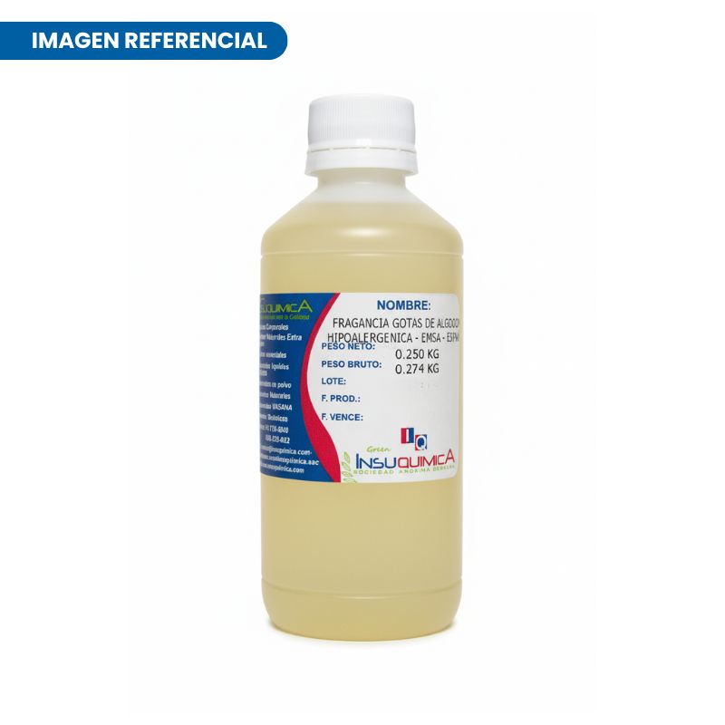 FRAGANCIA GOTAS DE ALGODÓN_0.250 KG Frasco de 0.250 lt de la fragancia gotas de algodón hipoalergénica en fondo blanco