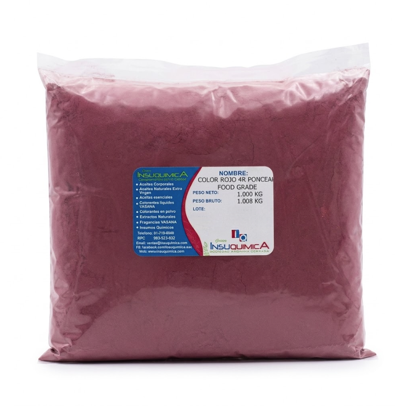 COLOR ROJO 4R PONCEAU FOOD GRADE – Bolsa x 1 Kg. Color Rojo 4R Ponceau Food Grade en bolsa de 1 kg, colorante rojo soluble en agua utilizado en alimentos, cosméticos, productos de limpieza y aplicaciones industriales.