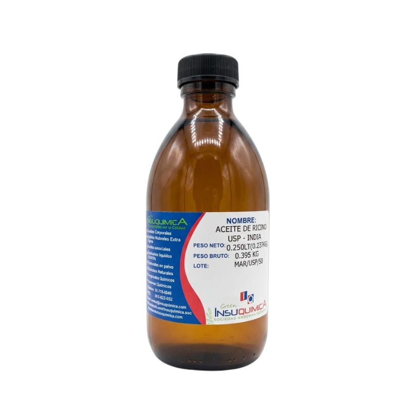 ACEITE DE RICINO USP – INDIA – Frasco x 0.250 Lt. Aceite de ricino USP, común en cosméticos como cremas y bálsamos labiales, también usado como laxante y para mejorar la piel seca y enfermedades cutáneas.