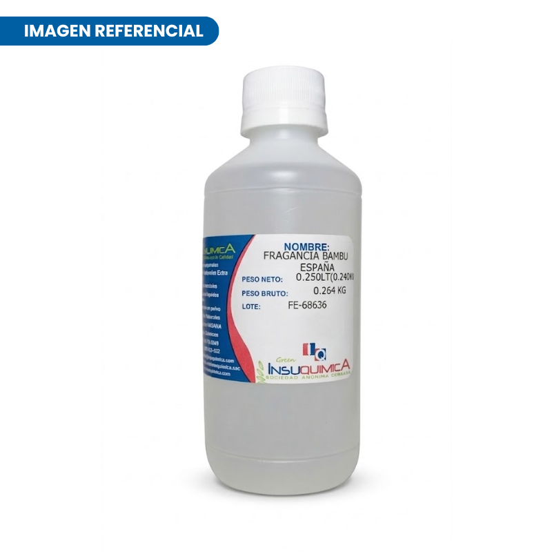FRAGANCIA BAMBU – EMSA – ESPAÑA – Frasco x 0.250 Lt. Fragancia Bambú EMSA España en frasco de 250 ml, esencia amaderada acuática con aroma fresco y relajante, ideal para formulaciones de cuidado personal como champús, jabones y cremas.