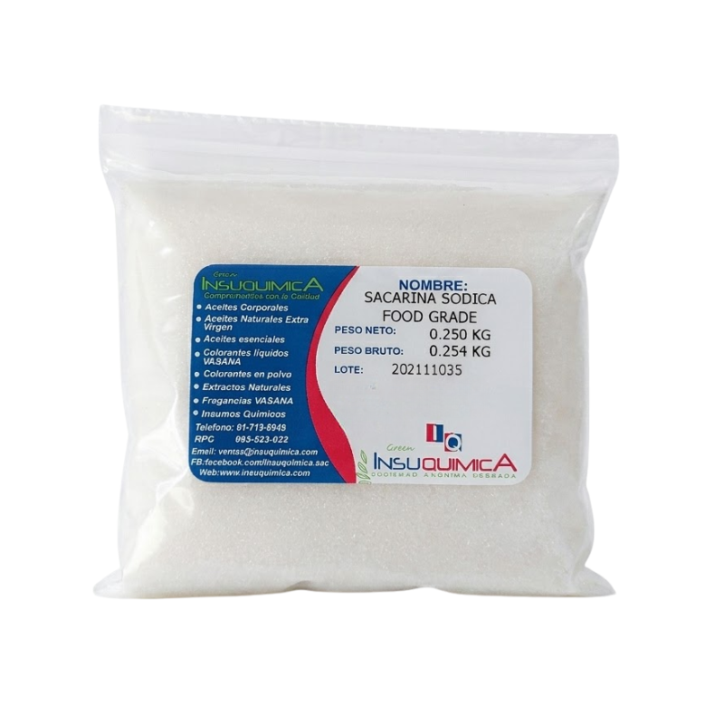 SACARINA SODICA FOOD GRADE – Bolsa x 0.250 Kg. Sacarina sódica food grade, edulcorante sin calorías utilizado en formulaciones alimentarias, farmacéuticas y cosméticas para mejorar el sabor sin aportar azúcar.