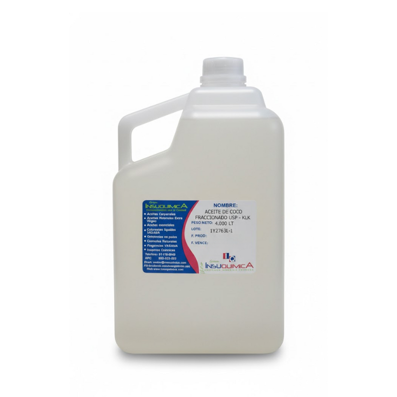 ACEITE DE COCO FRACCIONADO USP – PALMERA KLK – USA – Galón x 4 Lt galón de 4 litros de aceite de coco fraccionado grado usp en fondo blanco