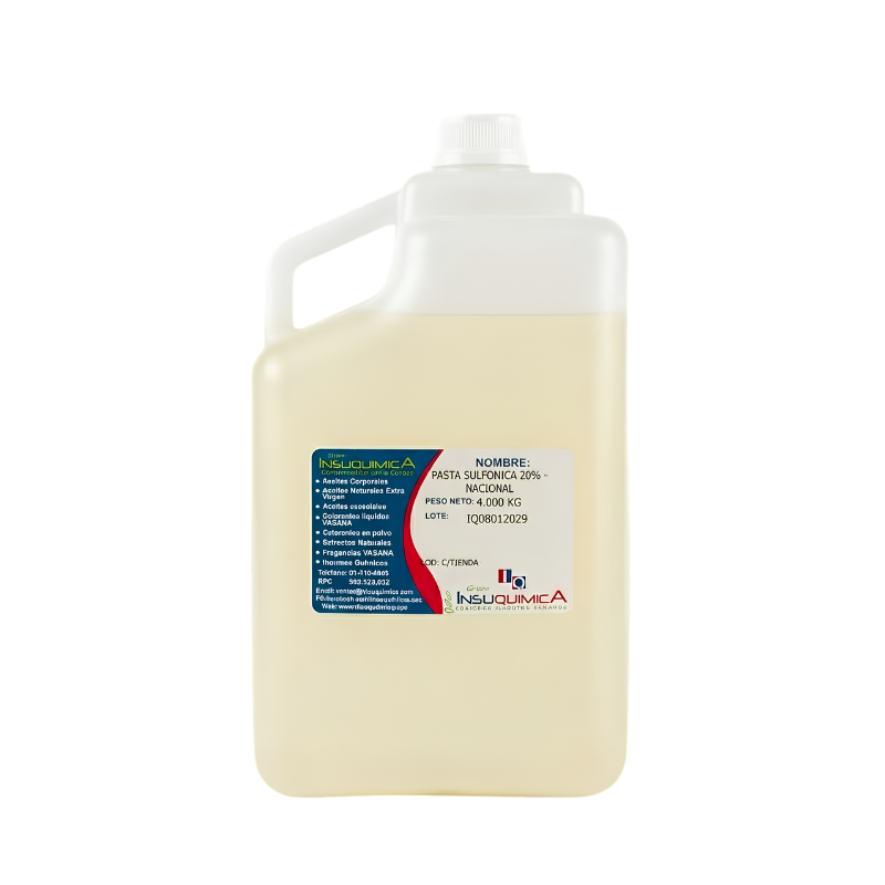 PASTA SULFONICA 20_ – NACIONAL – Galón x 4 Kg. Pasta sulfónica al 20% nacional en galón de 4 kg, materia prima utilizada en la elaboración de detergentes, limpiadores y productos de limpieza con acción surfactante y espumante.