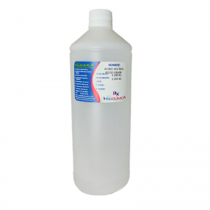 Botella de ácido acético grado alimentario de 1 kg en fondo blanco
