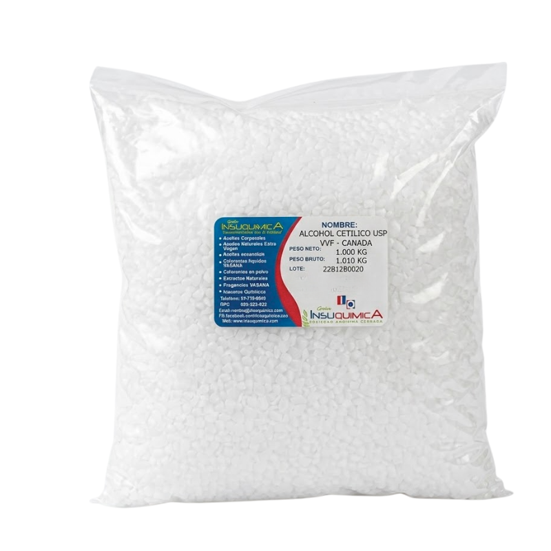 ALCOHOL CETILICO USP – VVF – CANADÁ- Bolsa x 1 Kg Alcohol Cetílico USP VVF Canadá en bolsa de 1 kg, emulsionante y espesante cosmético utilizado en cremas, lociones, shampoos y barras labiales para mejorar la estabilidad y textura de las formulaciones.