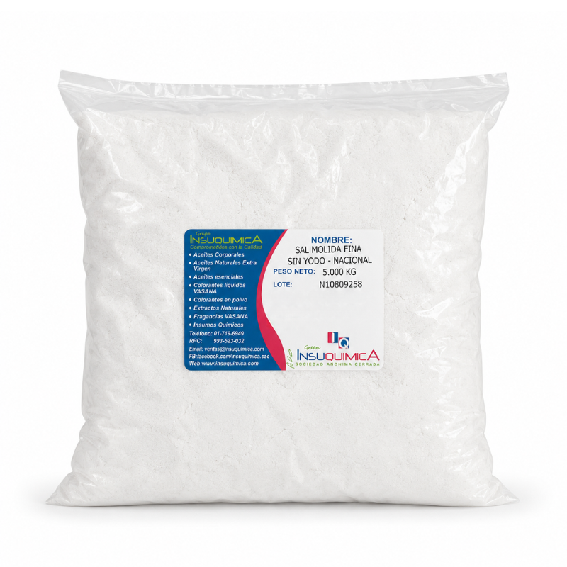 SAL MOLIDA FINA SIN YODO – Bolsa x 5 Kg. Sal molida fina sin yodo en bolsa de 5 kg, insumo industrial utilizado como espesante en jabones líquidos, champú para autos, desinfectantes y formulaciones con tensioactivos.