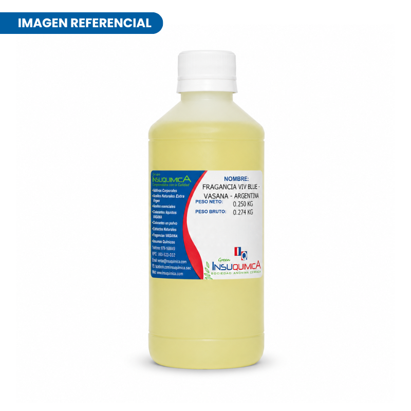 FRAGANCIA VIV BLUE – VASANA – ARGENTINA – Frasco x 0.250Lt Fragancia Viv Blue marca Vasana Argentina, esencia soluble en agua con aroma inspirado en Blue Seduction, ideal para jabones líquidos, jabones sólidos y detergentes.