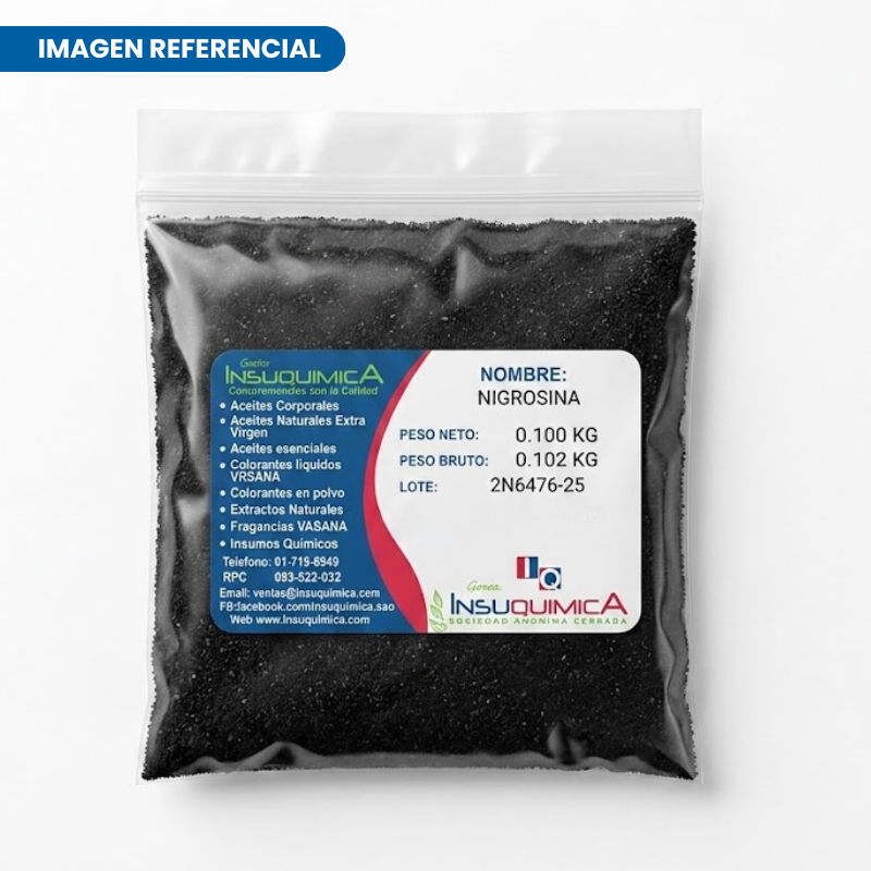 NIGROSINA – Bolsa x 0.100 Kg Nigrosina en presentación de 0.100 kg, colorante negro utilizado en diferentes aplicaciones industriales y de laboratorio según el grado y especificación del producto.